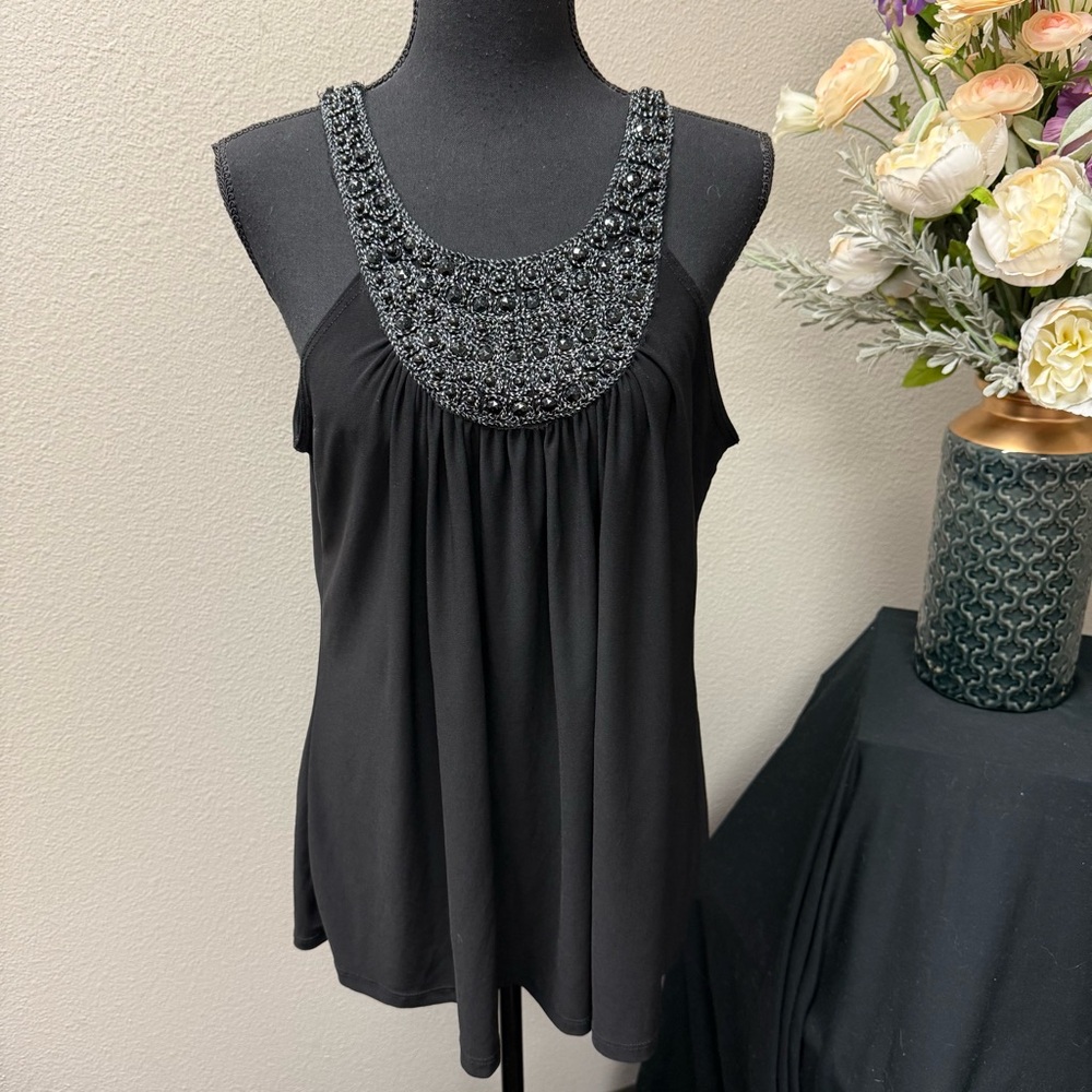 Black Embellished Beaded Scoop Neck Tank Top by Dots Party Chic